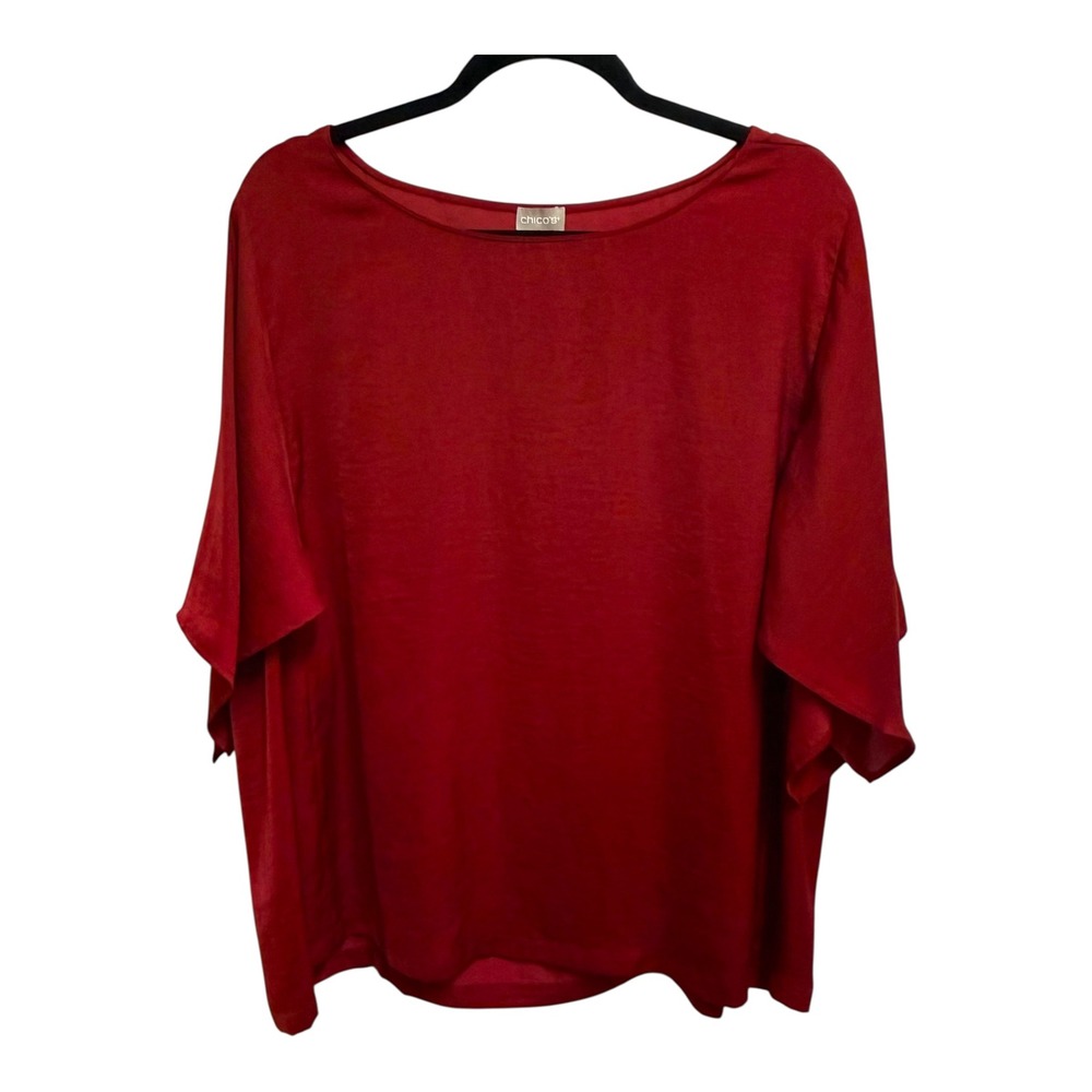 Chicos Red Boat Neck Flowy Blouse Short Drape Sleeve Pullover Top 3 XL‎ 16/18